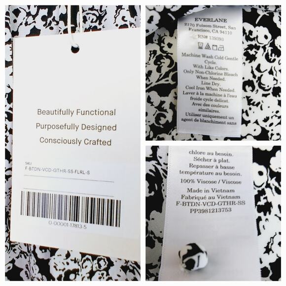 Everlane SZ S The Gathered Neck Top Bone/Black Mini Floral NWT - Picture 6 of 6